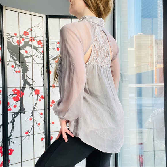 Anthropologie RYU: Flare LACE & GRAY Guipure Chiffon Cut Out Blouse Top - Picture 7 of 17